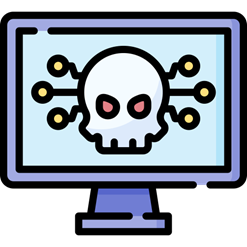 Dibujo de un ordenador en cuya pantalla aparece una calavera con varias l&iacute;neas que salen de ella.