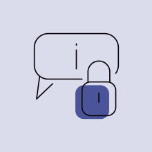 Dibujo de un candado y un bocadillo de texto con la letra "i", que representa el riesgo de la desinformaci&oacute;n par la ciberseguridad.