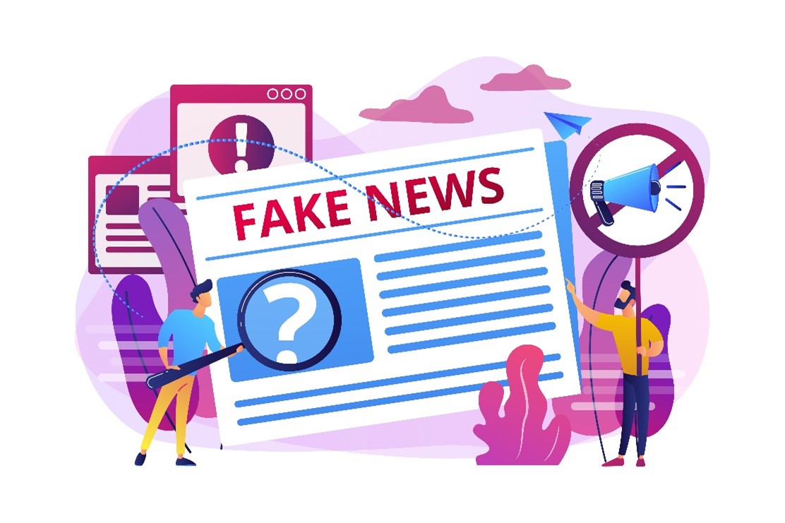 Dibujo de dos hombres frente a un peri&oacute;dico gigante en le que aparece el titular de "Fake News".
