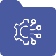 Icono de una rueda de engranaje de la que salen varios puntos. Representa el cat&aacute;logo de servicios de Cyberzaintza.