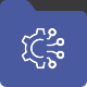Icono de una rueda de engranaje de la que salen varios puntos. Representa el cat&aacute;logo de servicios de Cyberzaintza.